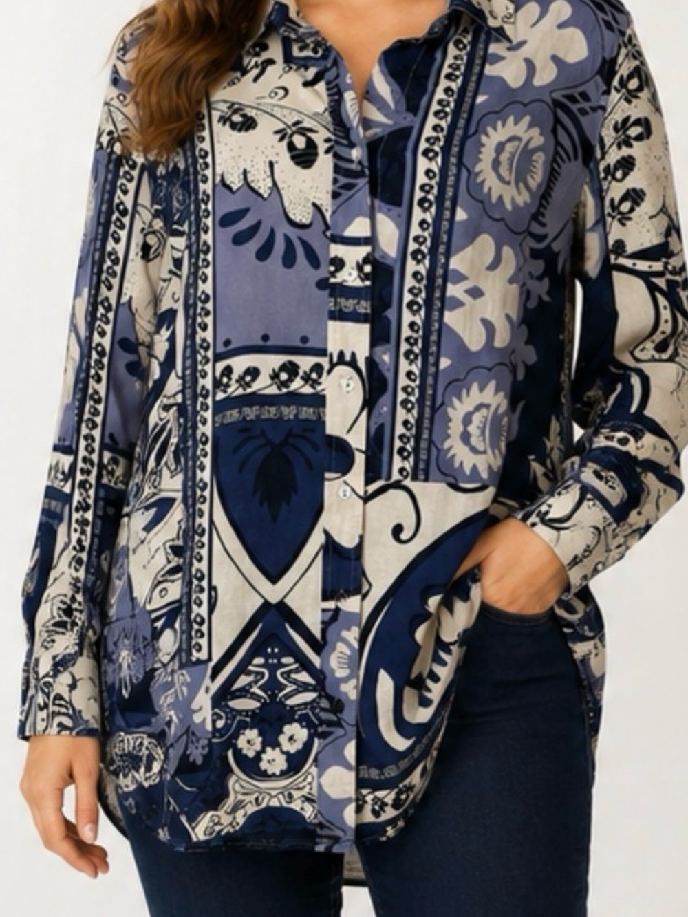 Christian Siriano Womens Size Large Button Long Sleeve Blouse Linen Blue Floral